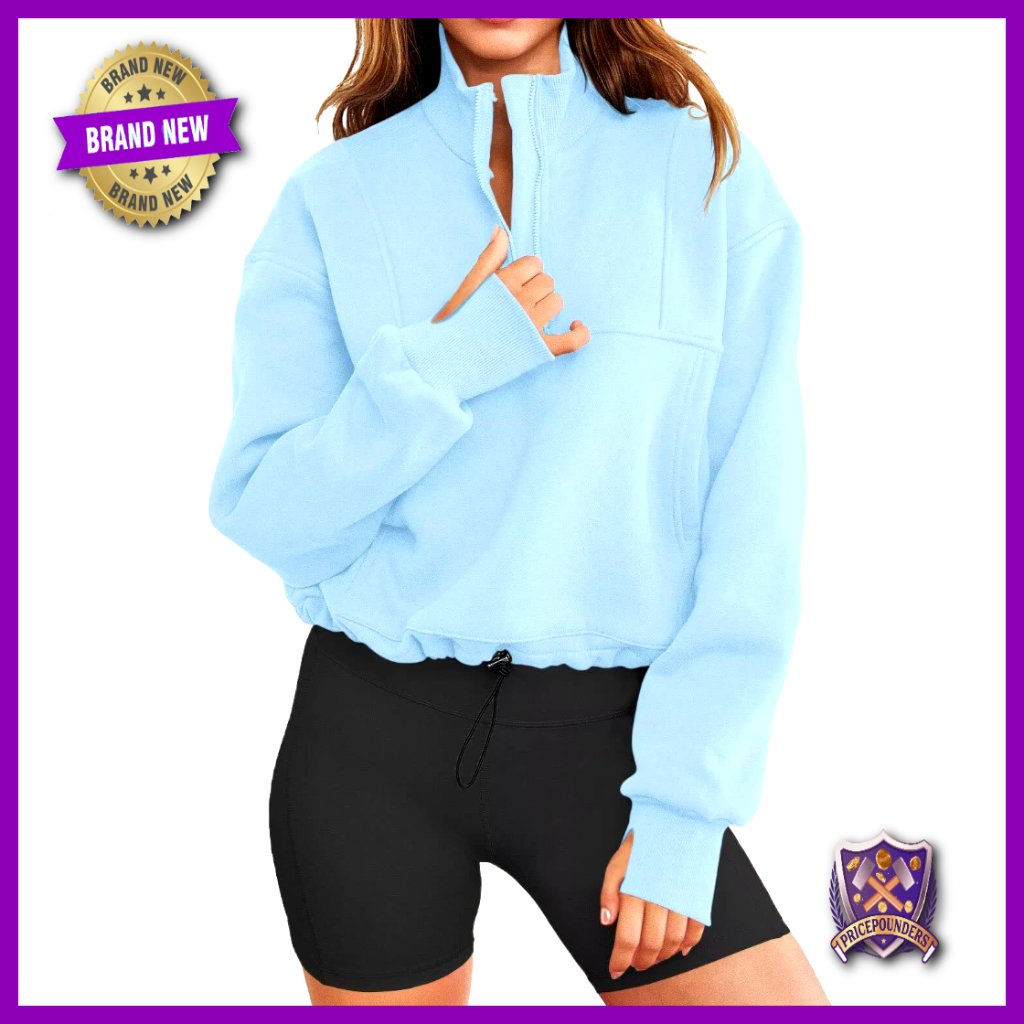 Cropped Half Zip Pullover Sweatshirt With Thumb Holes Kangaroo Pocket Loose Fit